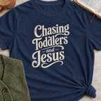 Chasing Toddlers and Jesus in True Navy with off-white lettering