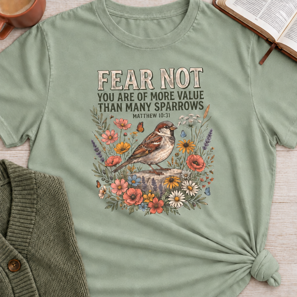 Fear Not Sparrow mockup with a greener Bay shirt