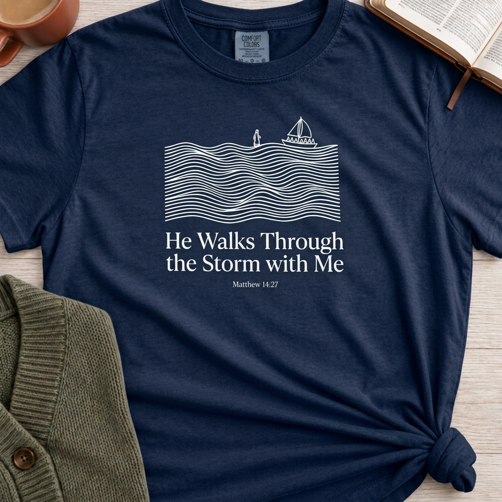 He Walks With Me mockup with darker navy shirt and white print