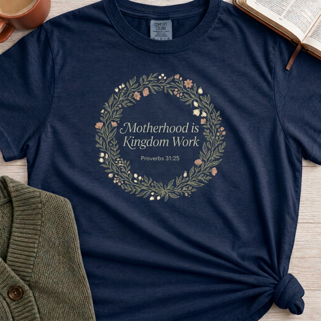 Motherhood Is Kingdom Work mockup in darker navy