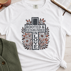 Rooted and Established white tee