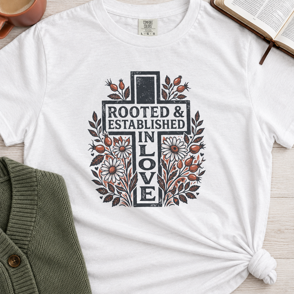 Rooted and Established white tee