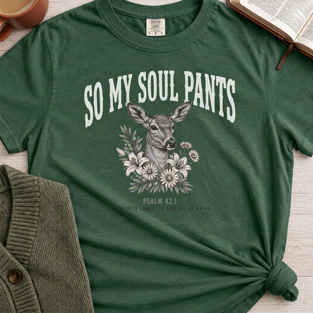 So My Soul Pants mockup with forest-green shirt and white lettering